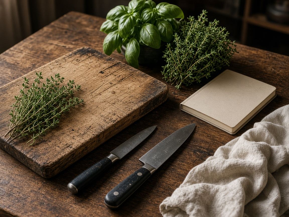 A working kitchen table: knives, a notebook, herbs, and a worn wooden board in warm light.
