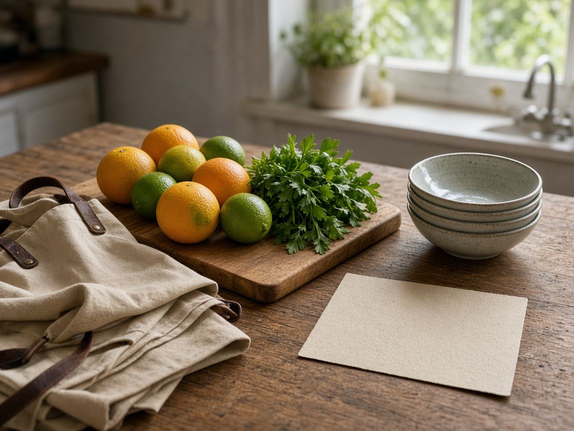 A classroom kitchen table set with aprons, a cutting board, citrus, and a handwritten lesson card.