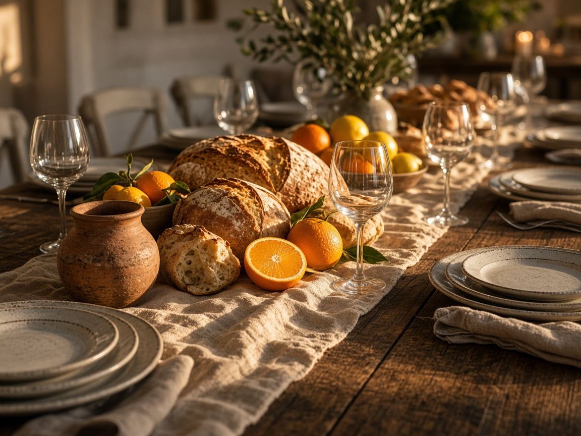 A long family table set for a feast: bread, citrus, clay pots, and empty glasses waiting for people.