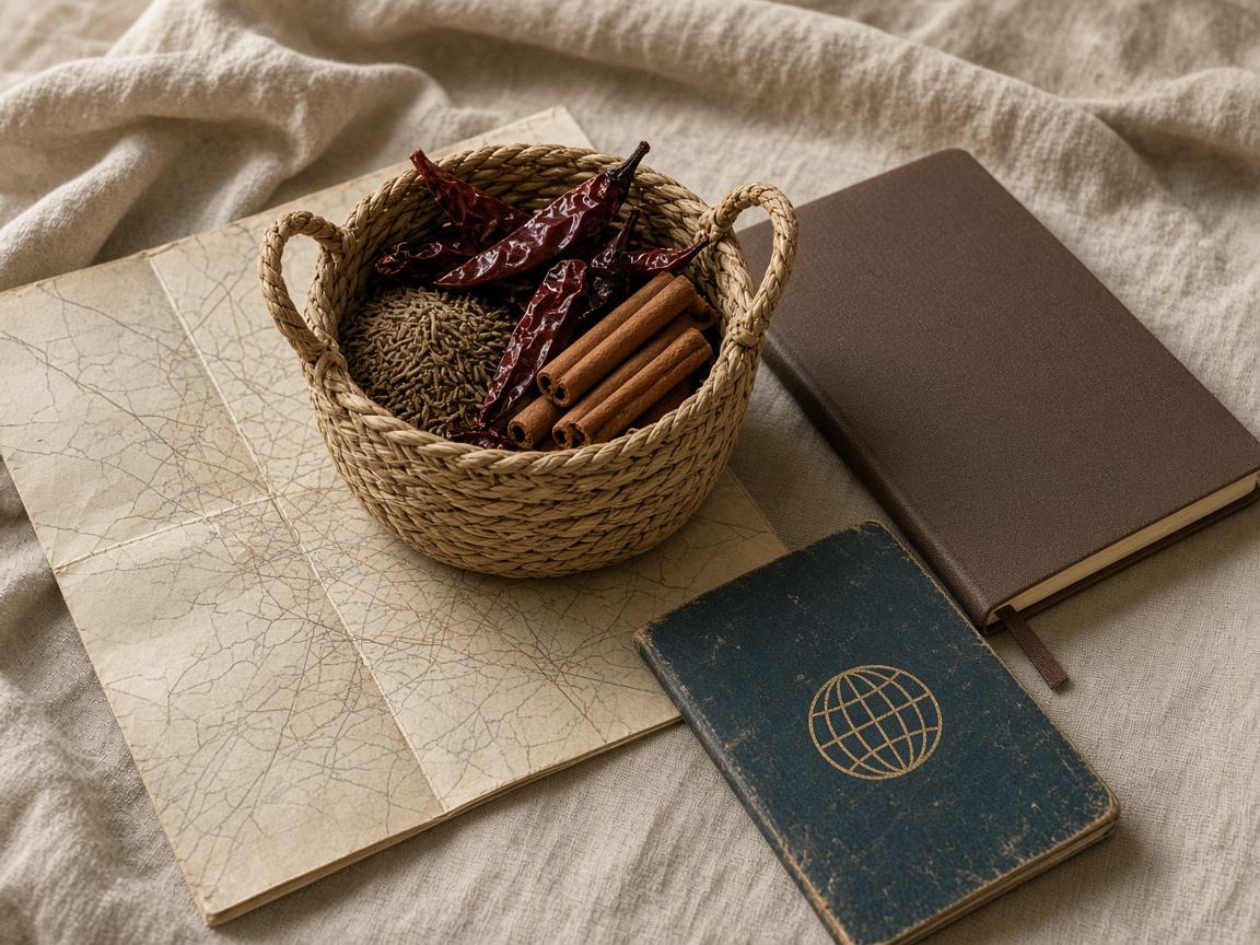 A traveler's still life: a folded map, a market basket of spices, a notebook, and a worn passport on linen.
