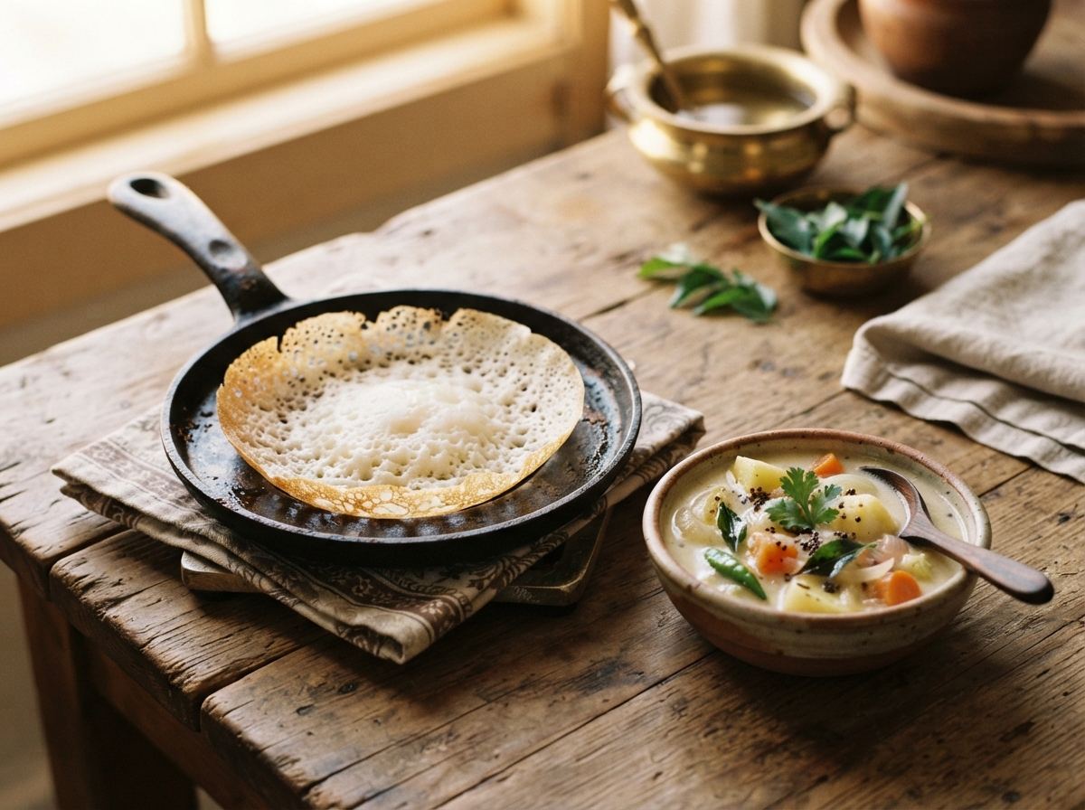 A small iron appam chatti with a lacy rice pancake and a bowl of coconut stew.
