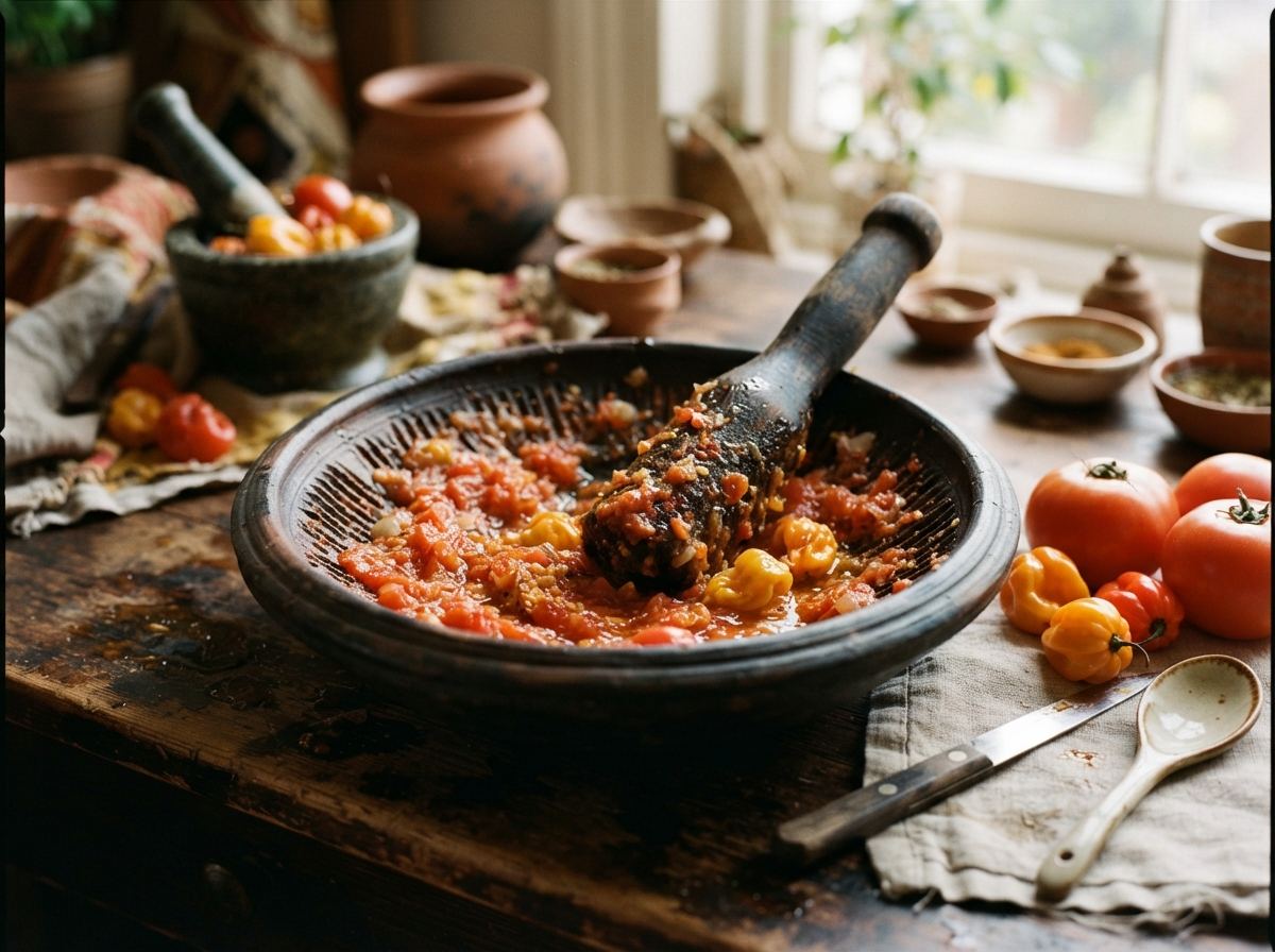 A ridged asanka with a wooden masher, crushed tomato, and Scotch bonnet peppers.