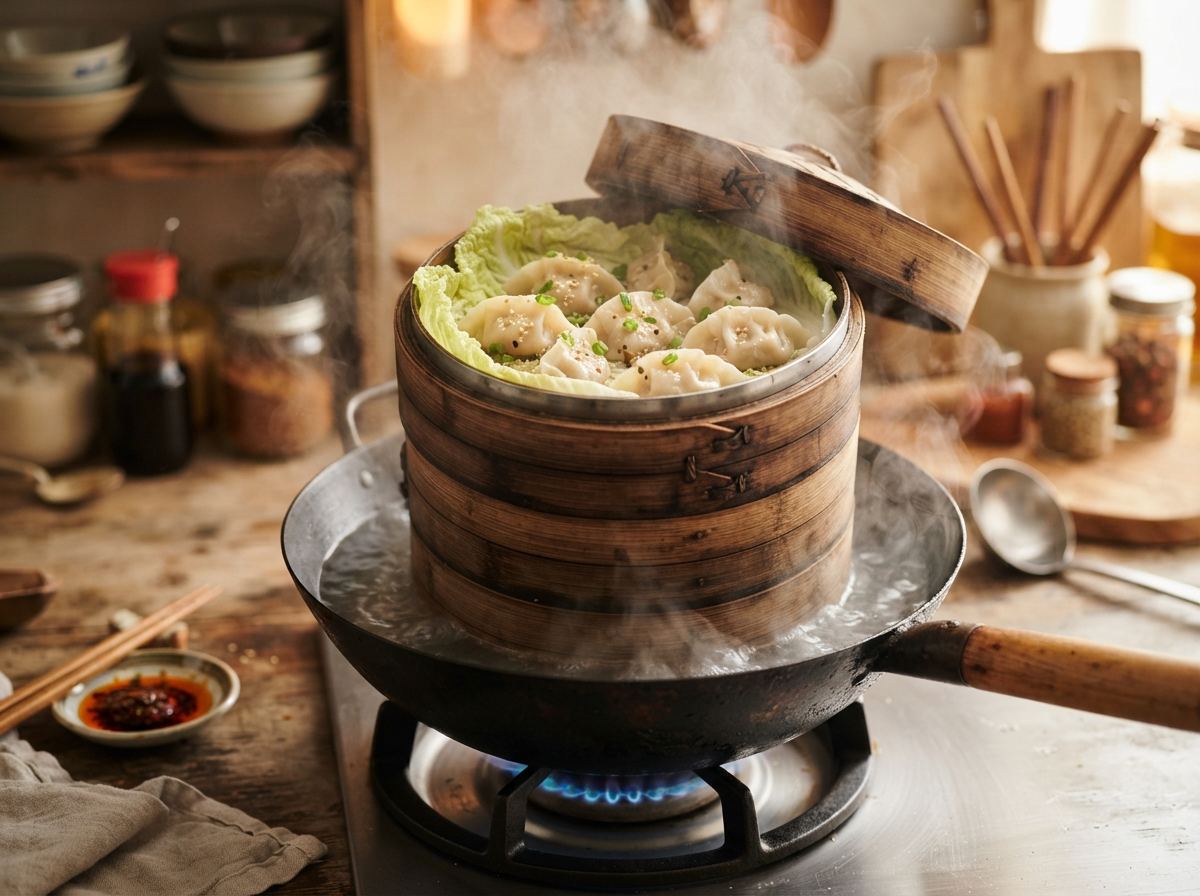 Stacked bamboo steamer trays with dumplings, a cabbage leaf liner, and a wok of simmering water.