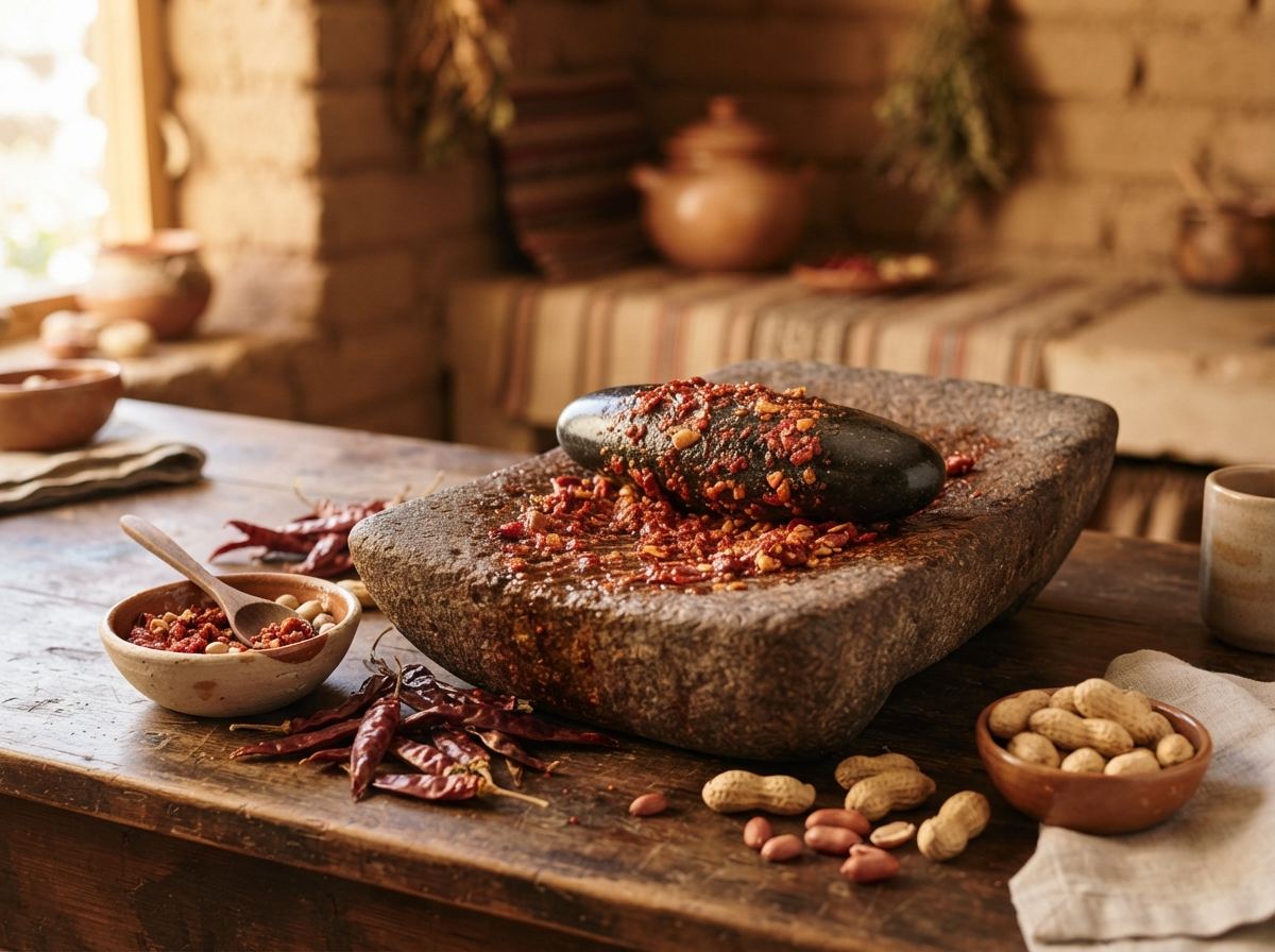 An Andean batán with a rocker stone, crushed ají, and a handful of peanuts.