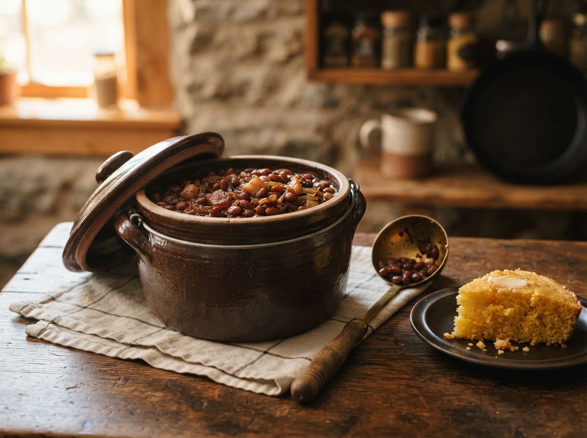 A brown ceramic bean pot with a ladle, molasses beans, and a piece of cornbread.
