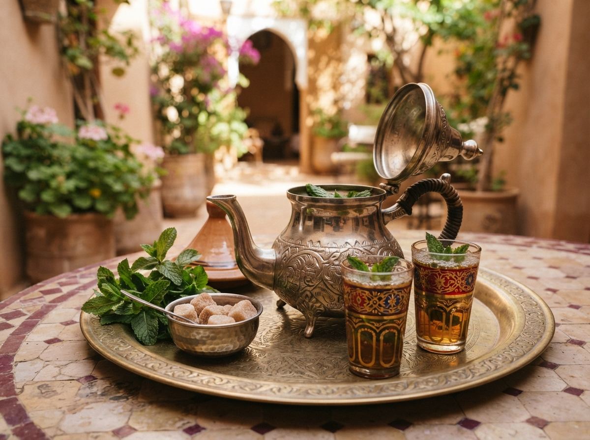 A silver Moroccan berrad with its hinged lid tilted open but still attached, mint, sugar, and two tea glasses.