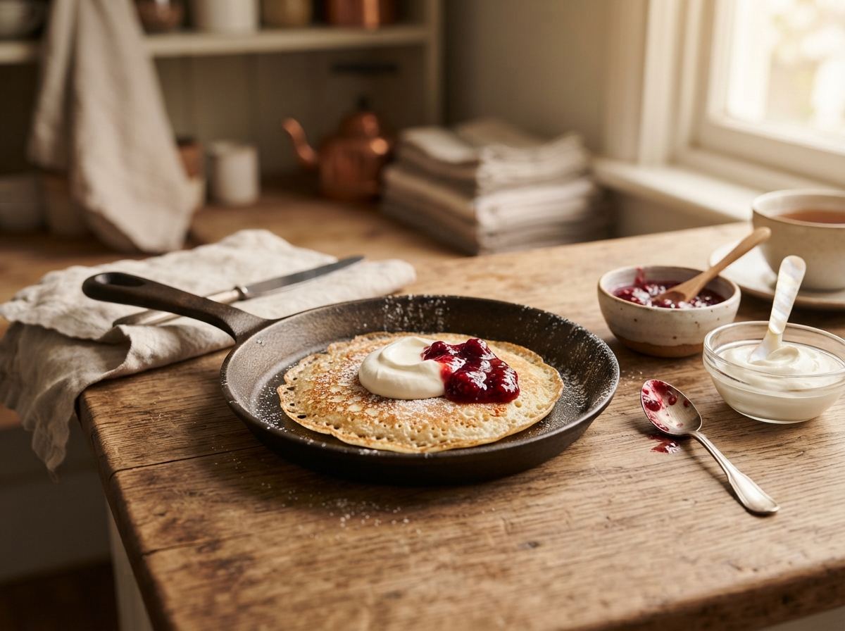 A small cast-iron blini pan with a golden pancake, a pot of sour cream, and jam.
