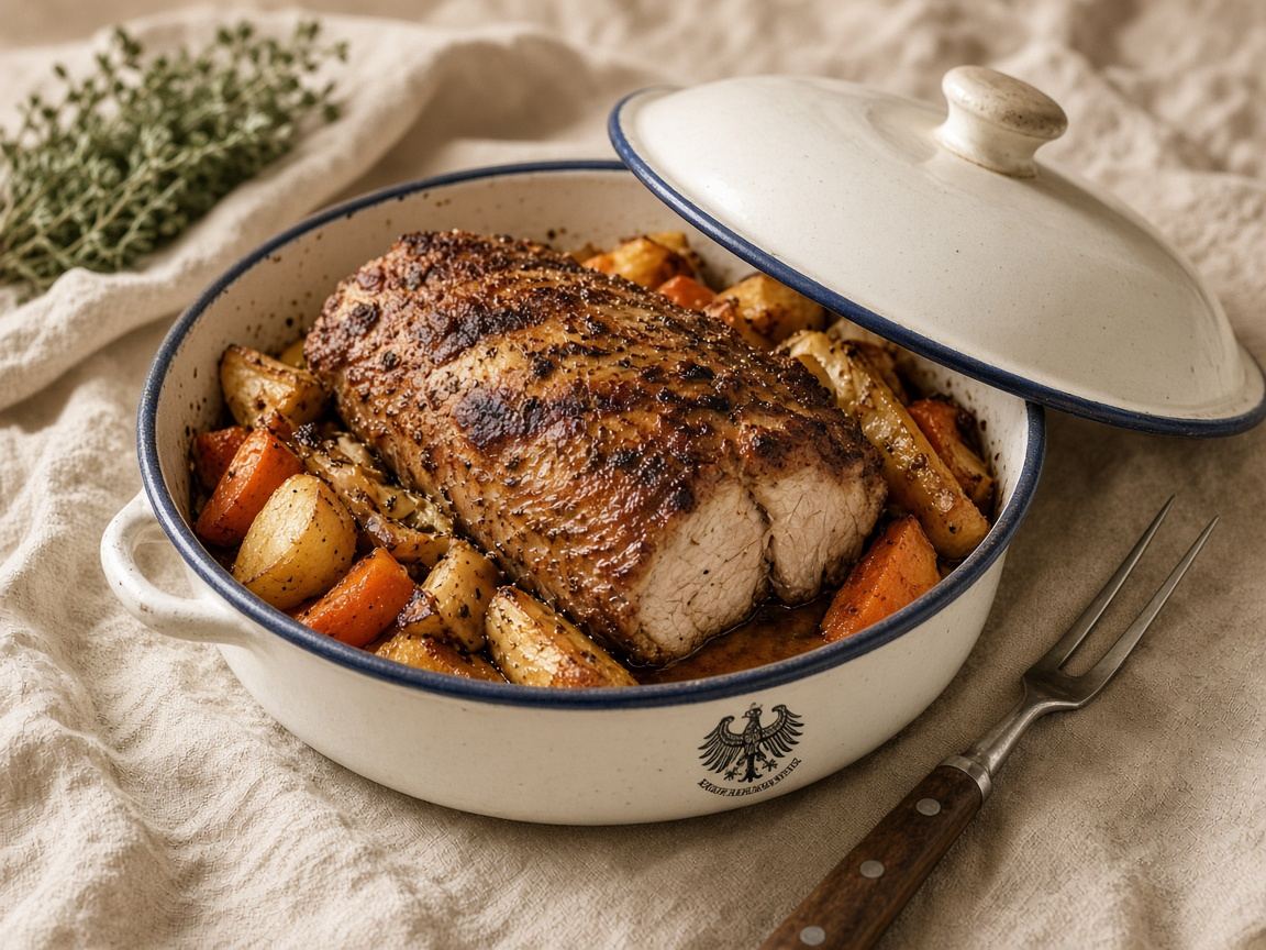 A lidded enamel Bräter with a pork roast, root vegetables, and a carving fork.