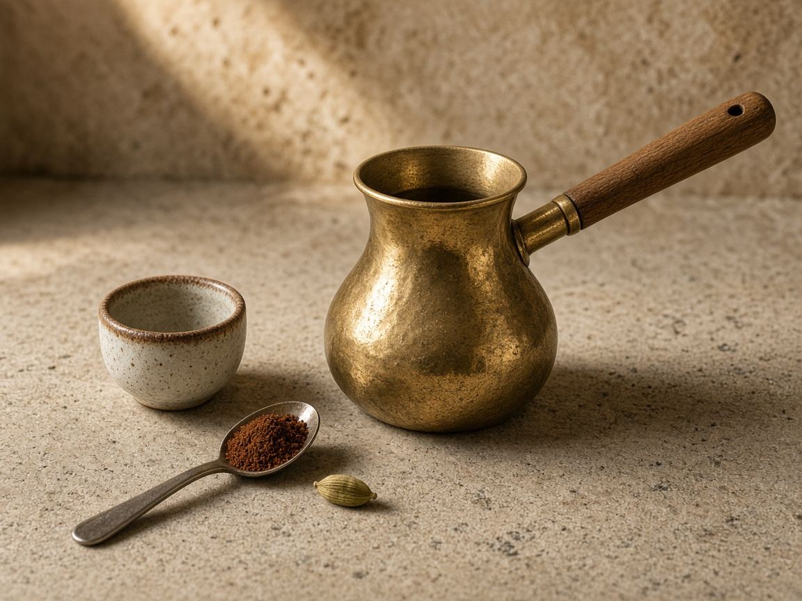 A small copper briki with a long handle, foam at the neck, and two small coffee cups.