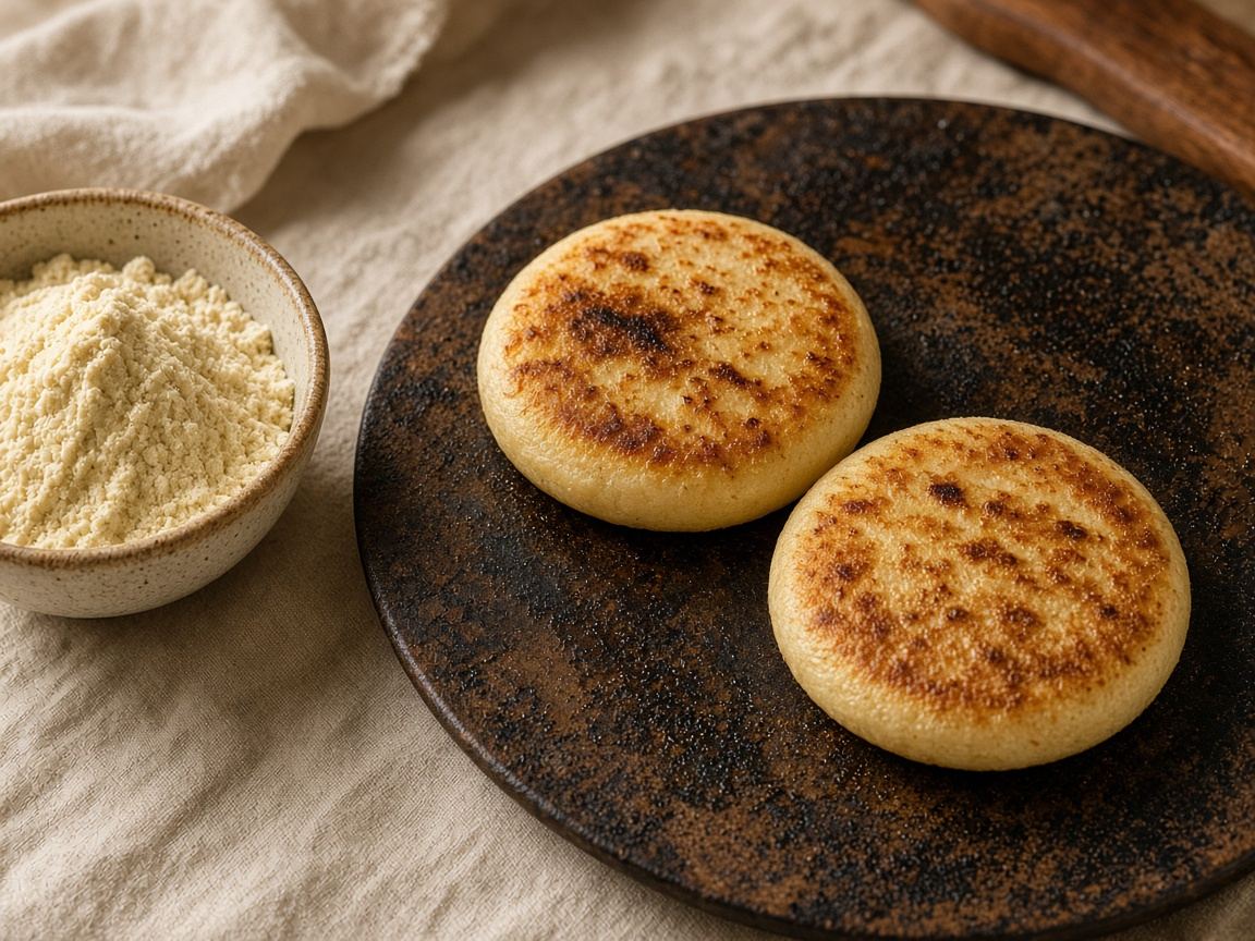 A round budare with two blistered arepas and a bowl of maize masa.