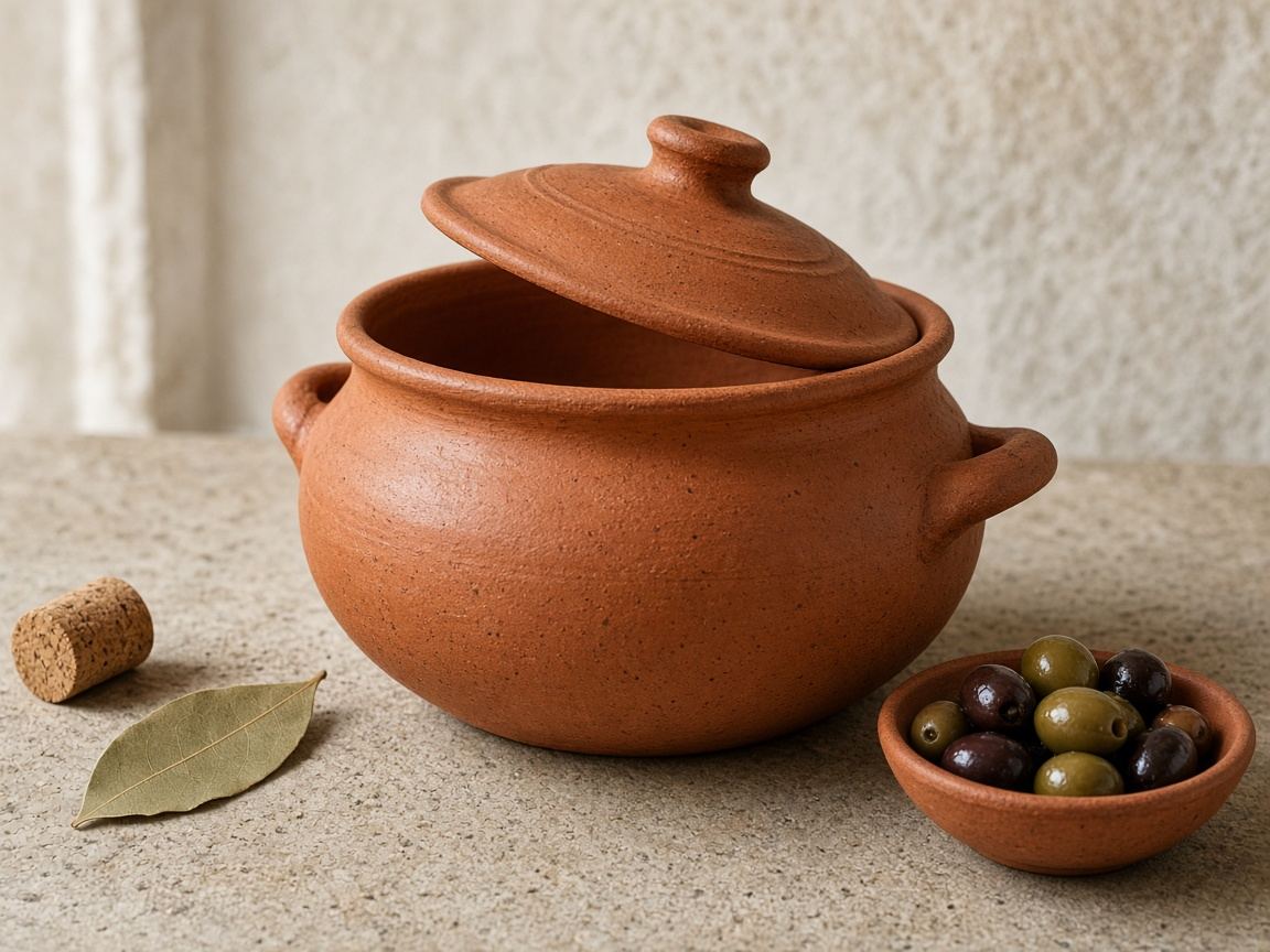 An earthenware Portuguese caçarola with a wooden spoon and a bottle of olive oil.