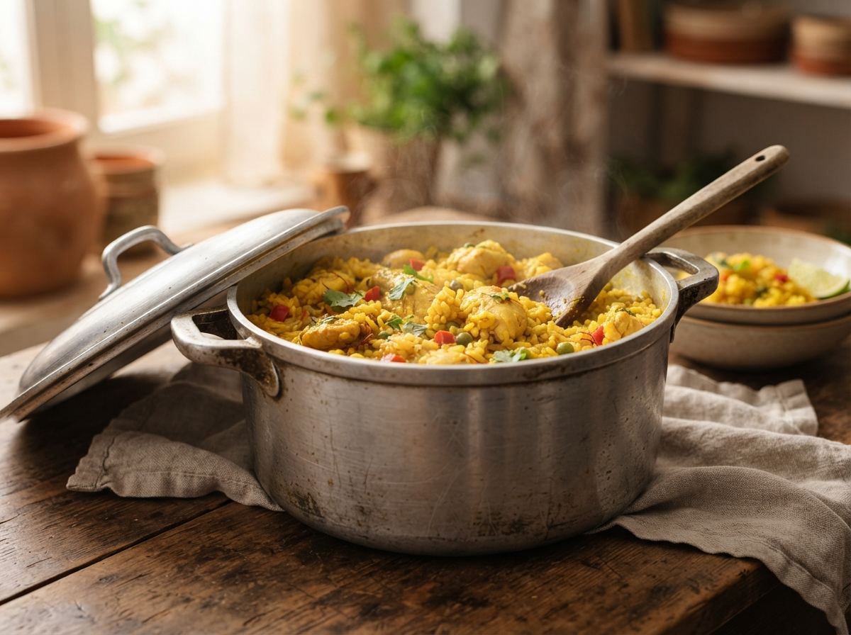 A heavy aluminum caldero with its lid ajar on rice and a wooden spoon.