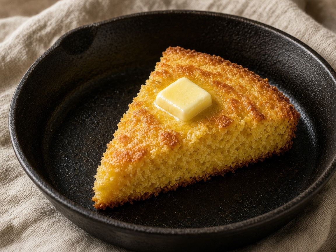 A seasoned cast-iron skillet with a wedge of cornbread and a pat of butter melting on top.