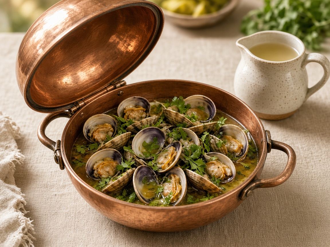 A copper cataplana opened to clams, coriander, and a small pitcher of wine.