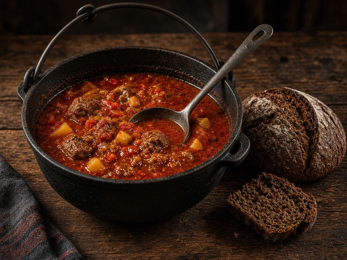 A black iron cauldron of paprika stew with a ladle and a loaf of rye beside it.