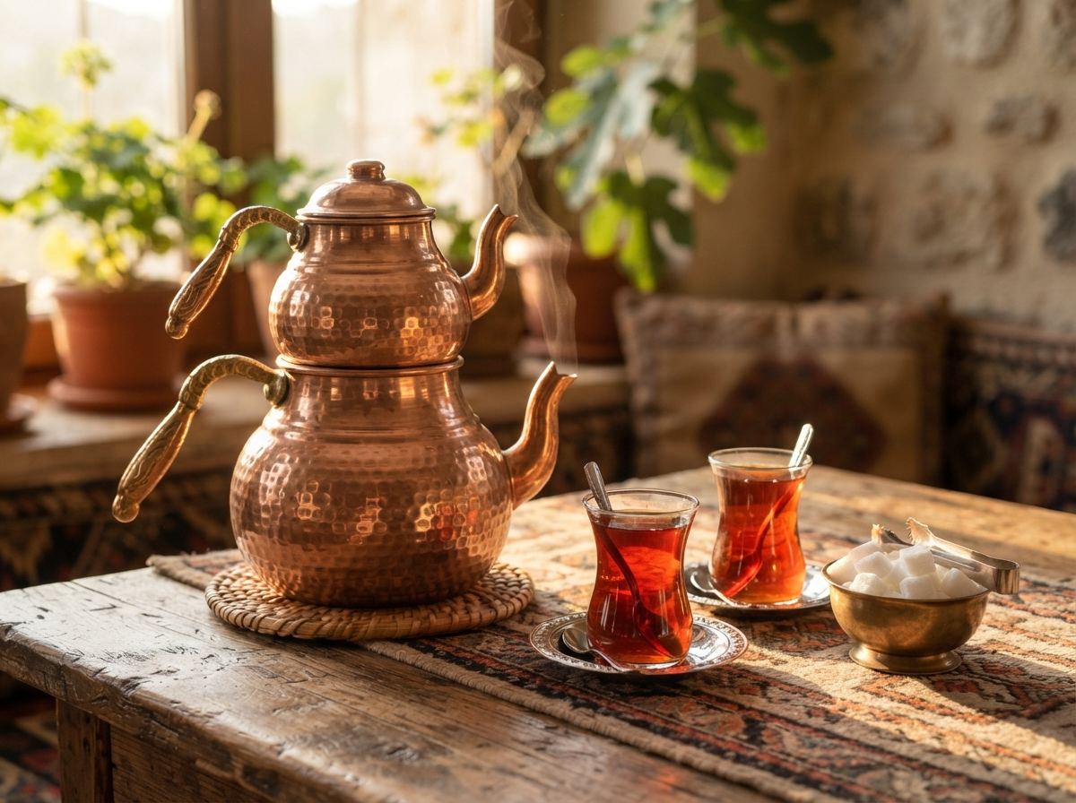 A stacked çaydanlık with tulip glasses of reddish tea and a bowl of sugar cubes.