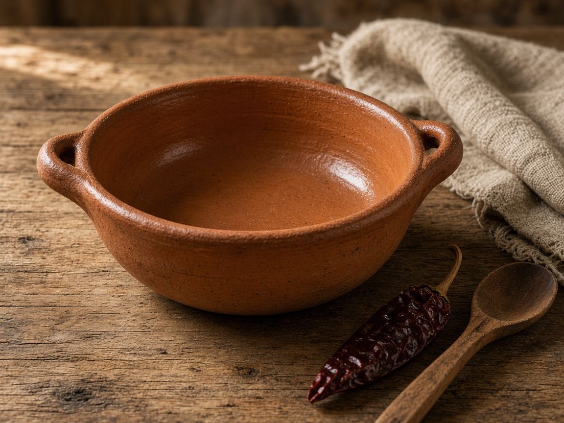 A wide earthenware cazuela of baked rice, a wooden spoon, and a linen napkin.