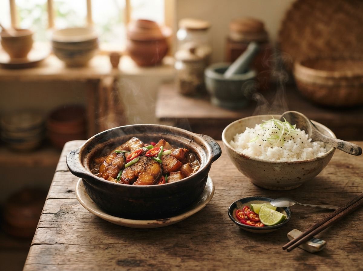 A small earthen clay pot of caramel fish with a bowl of rice and chile on the side.