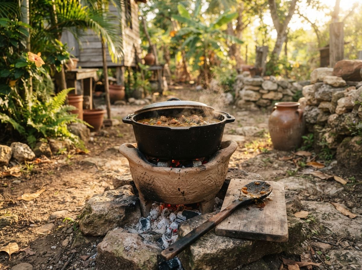 A clay coal pot filled with coals, a dutch pot sitting on the rim, and a wooden spoon.