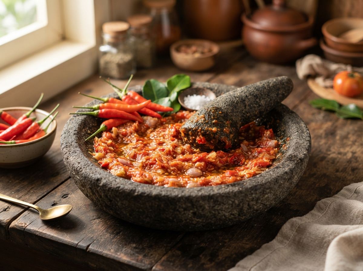 A stone cobek with an ulekan pestle, red sambal, and whole chiles on the rim.