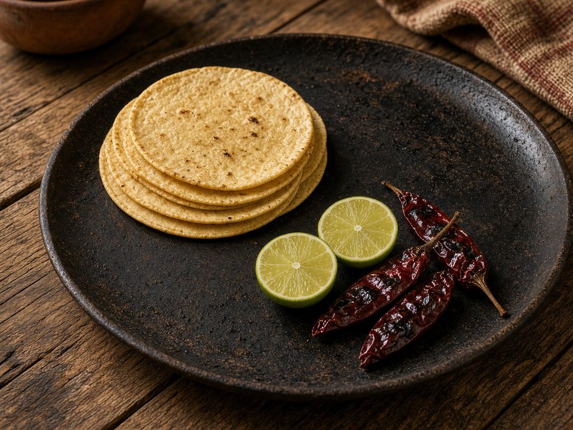 A round seasoned comal on a wooden table with a stack of warm tortillas and a lime.