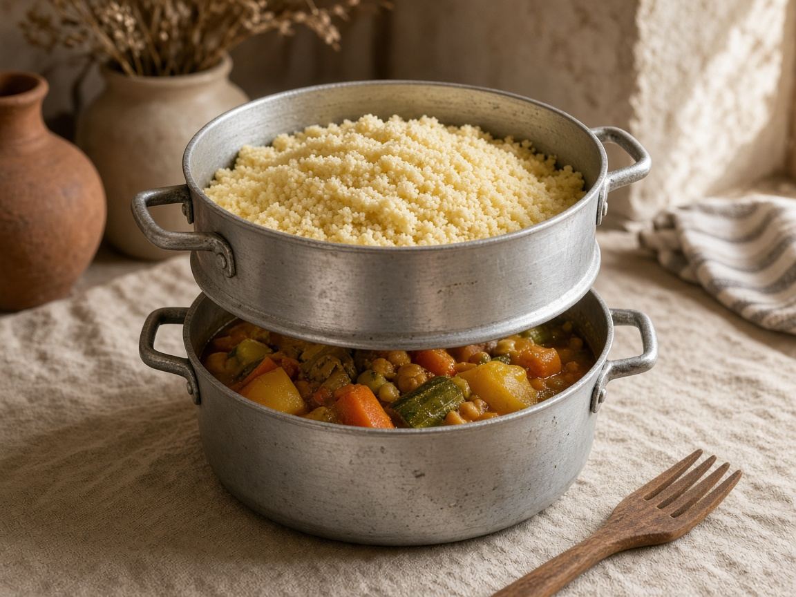 A tall couscoussier with its steamer insert lifted, showing steamed semolina above a vegetable stew.
