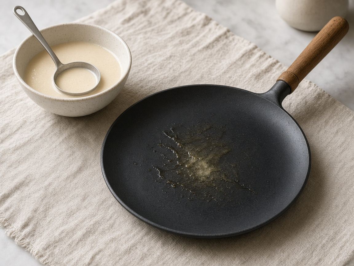 A low black crêpe pan with a thin lacy crêpe and a wooden spreader.