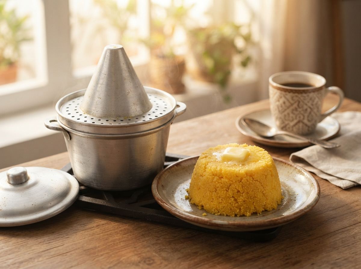 A Brazilian cuscuzeira with a mound of steamed maize cuscuz and a pat of butter.