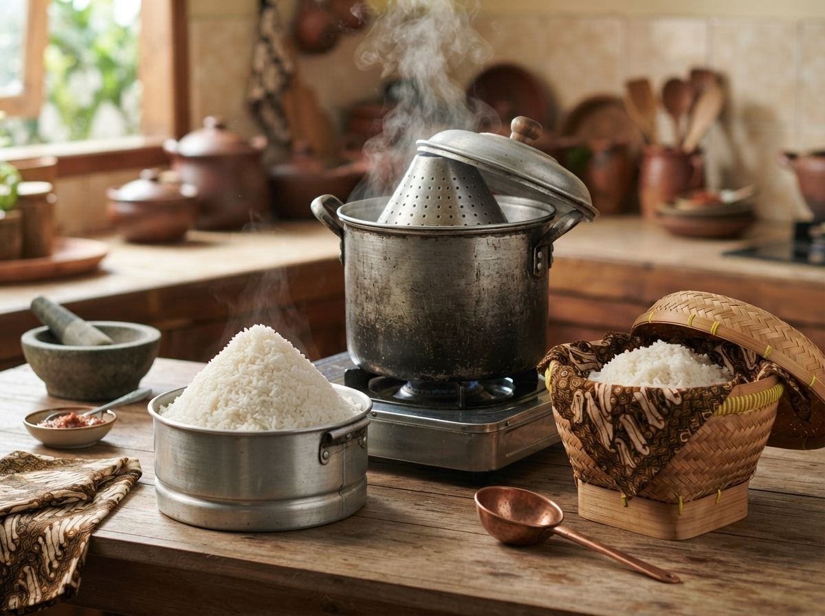 A tall dandang steamer with a mound of steamed rice and a woven serving basket.