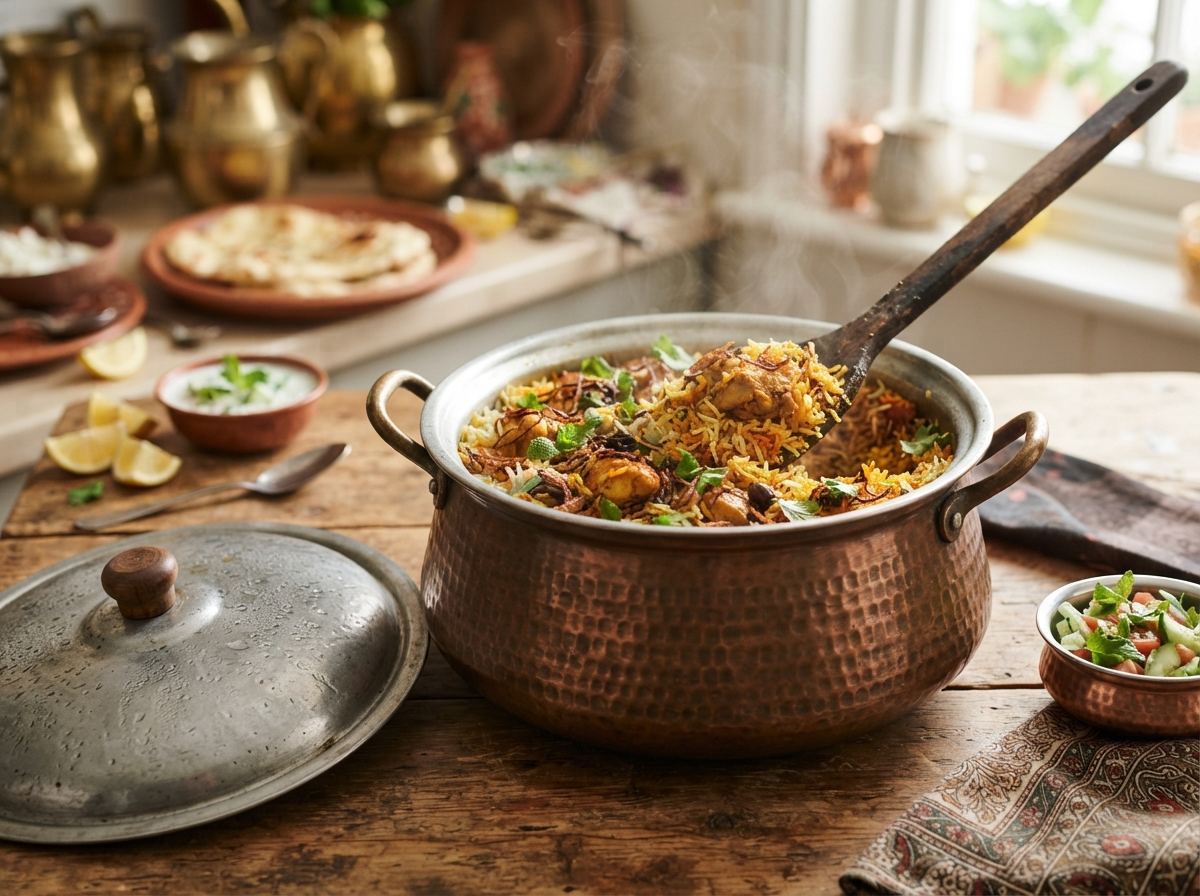A large degh cauldron of layered biryani with a heavy lid and a long paddle.