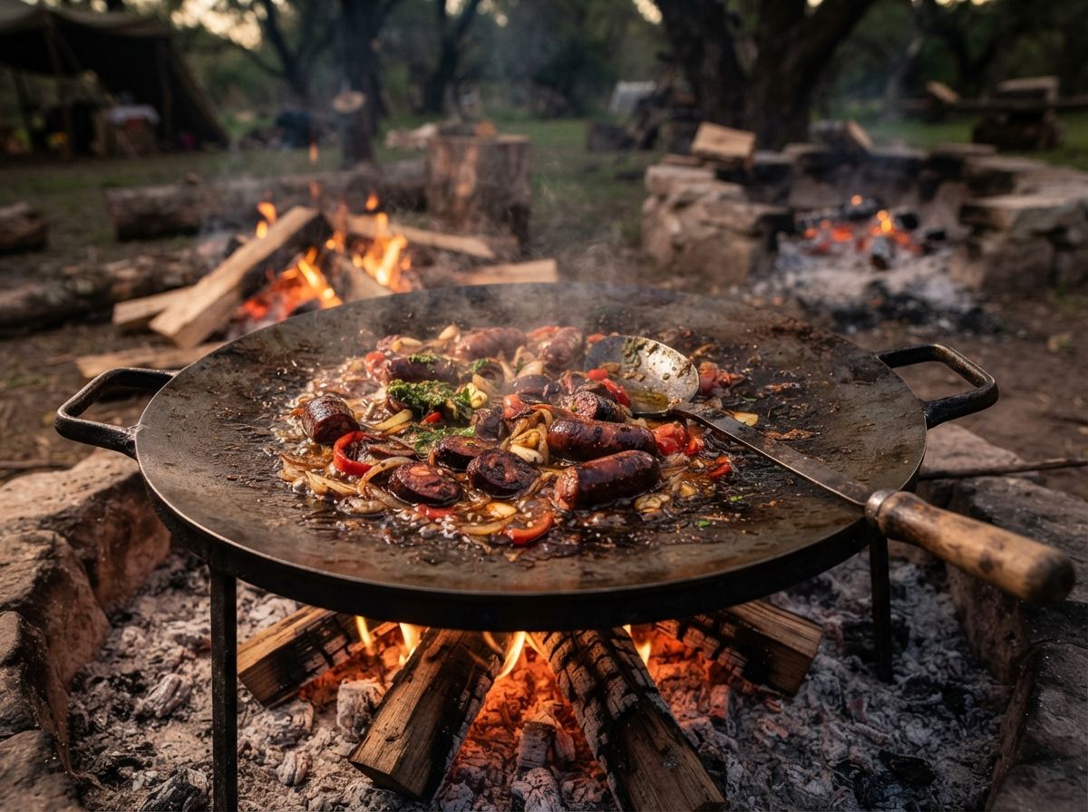A seasoned plow-disc disco over wood with onions, sausage, and a long iron spoon.