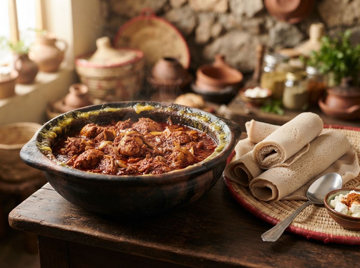 A wide Ethiopian dist pot of red wat with niter kibbeh at the rim and injera folded beside it.