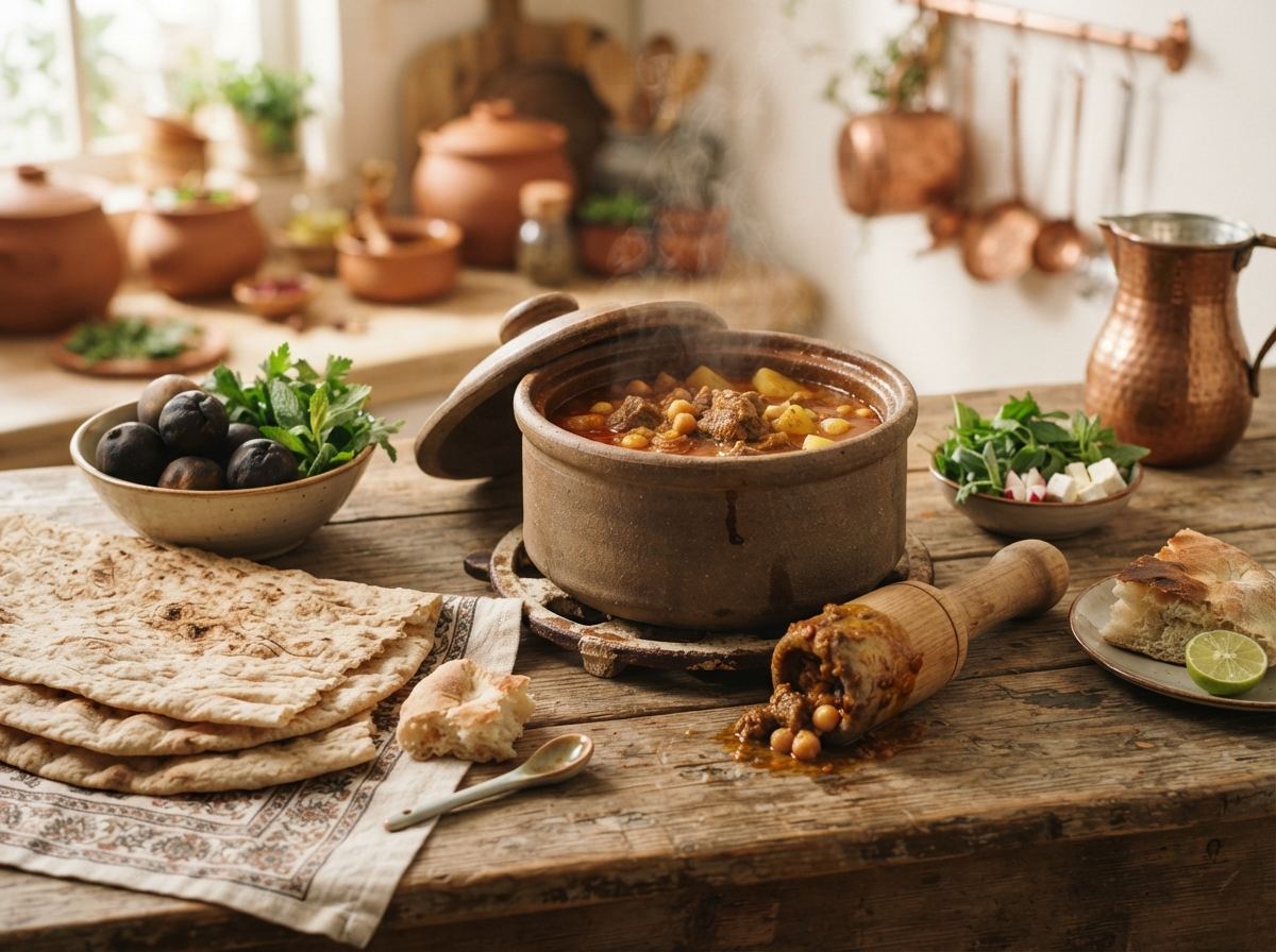 A stone dizi crock of abgoosht with lavash, a pestle, and dried limes.