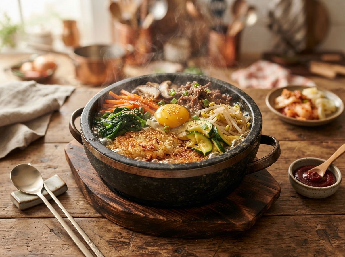 A granite dolsot of sizzling rice with vegetables, an egg yolk, and a wooden base.