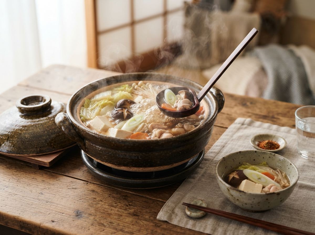 A glazed donabe of nabe broth with napa cabbage, tofu, and a ladle on a wooden table.
