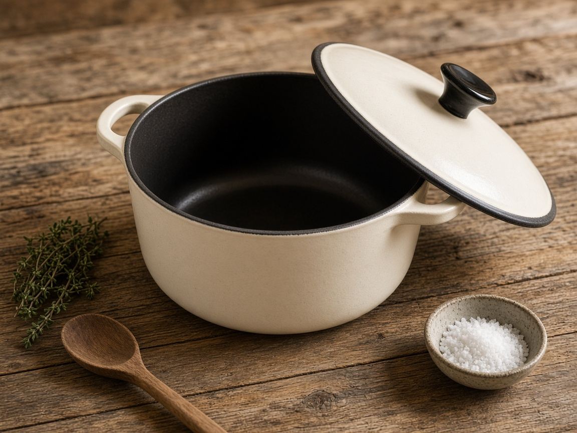 A heavy enameled Dutch oven with its lid ajar, a wooden spoon, and a sprig of thyme.