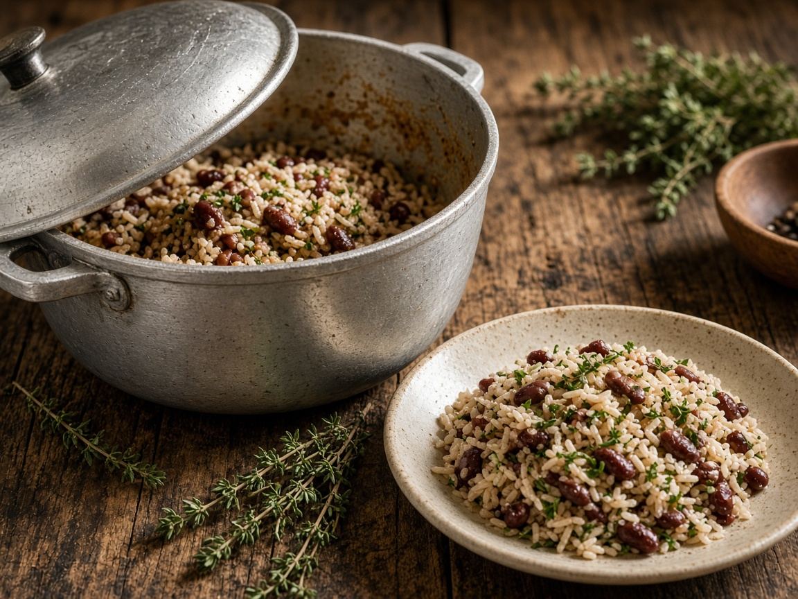 A heavy aluminum dutch pot with its lid, thyme, and a scoop of rice and peas.