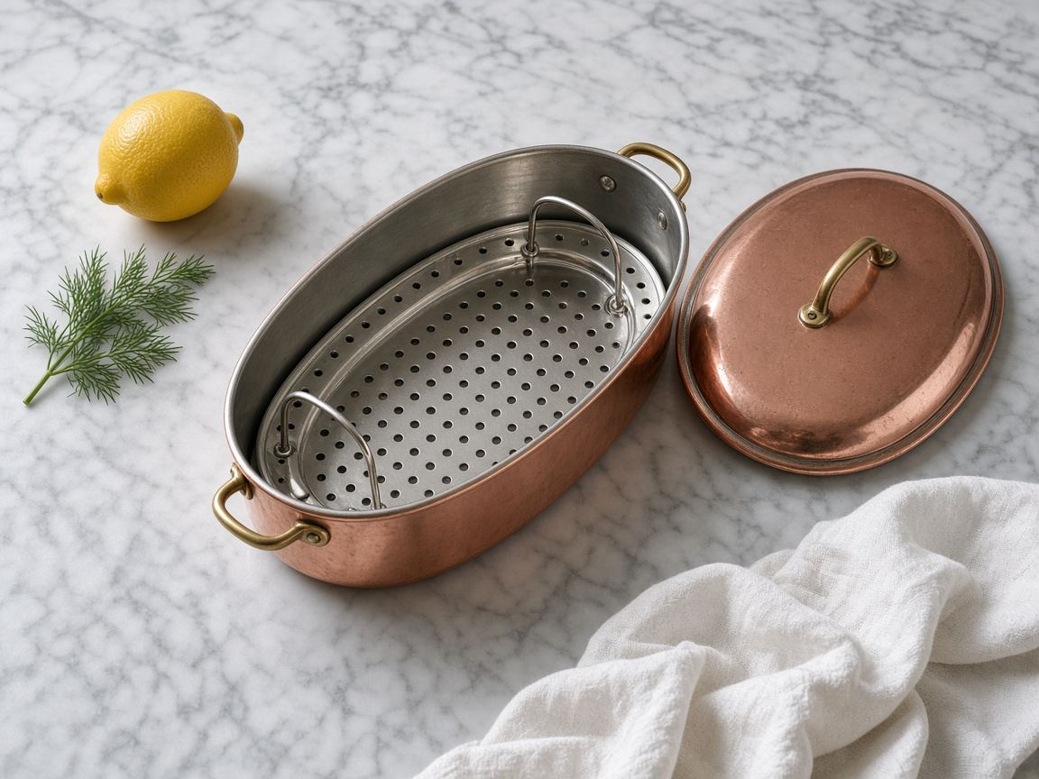 A long metal fish kettle with its rack, a whole poached fish, and lemon slices.