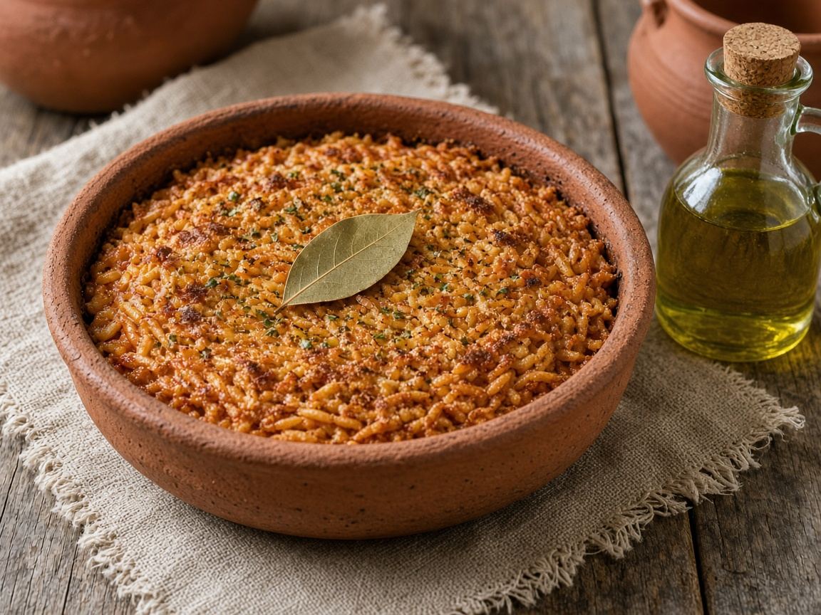 A clay gastra filled with baked orzo, a bay leaf, and a bottle of olive oil beside it.