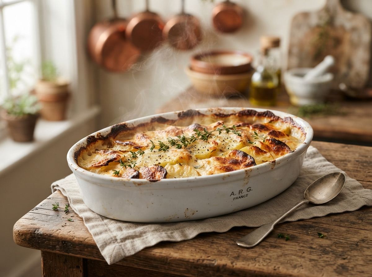 An oval porcelain gratin dish of potatoes with a browned crust and a sprig of thyme.
