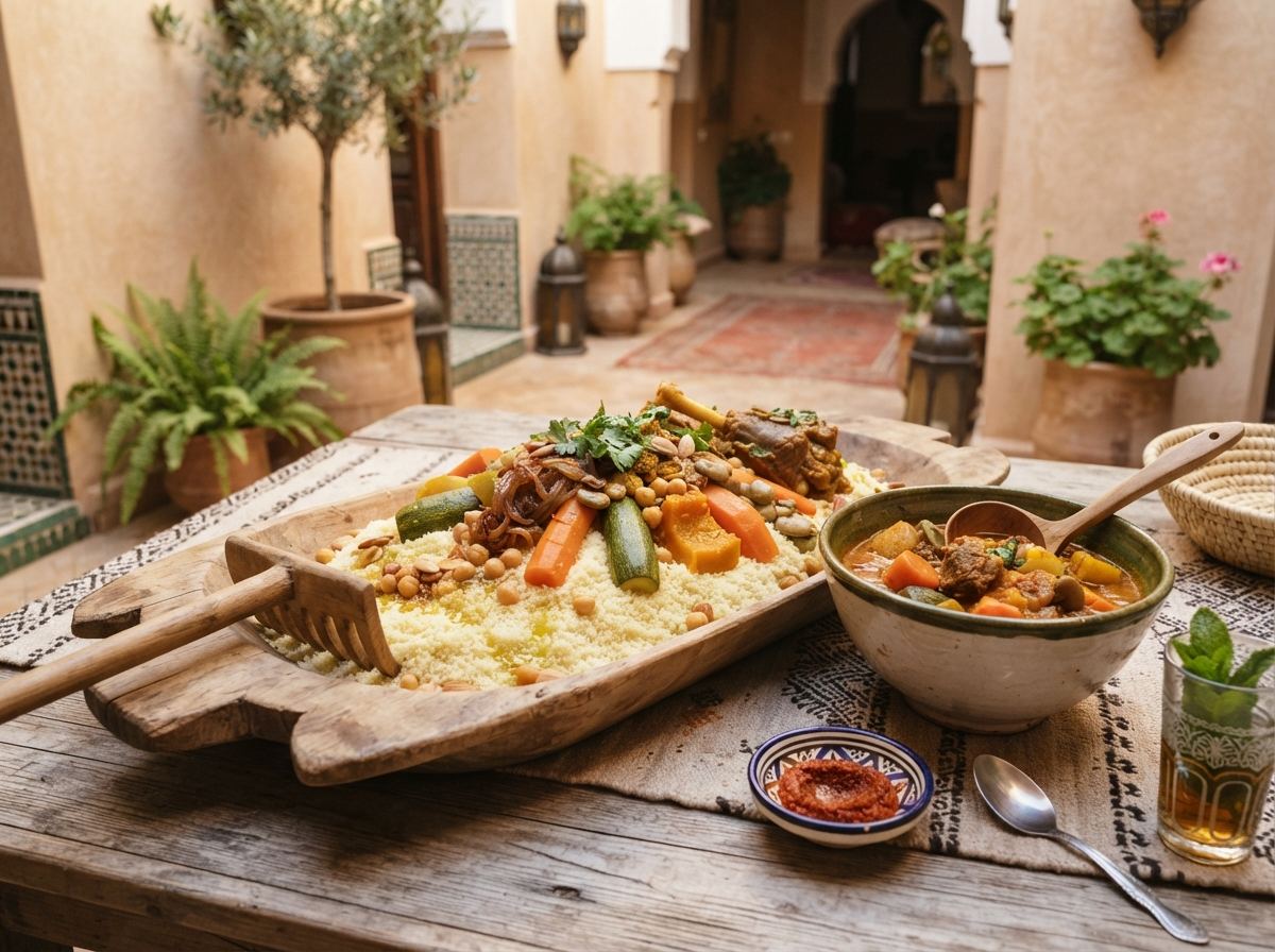 A wide wooden gsaa piled with steamed couscous, a wooden rake, and a bowl of stew.