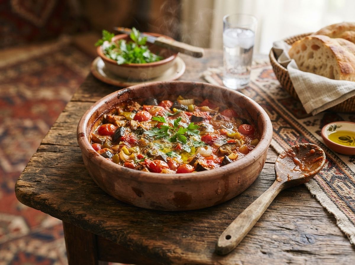 A lidded clay güveç of eggplant and tomato with a wooden spoon and fresh parsley.