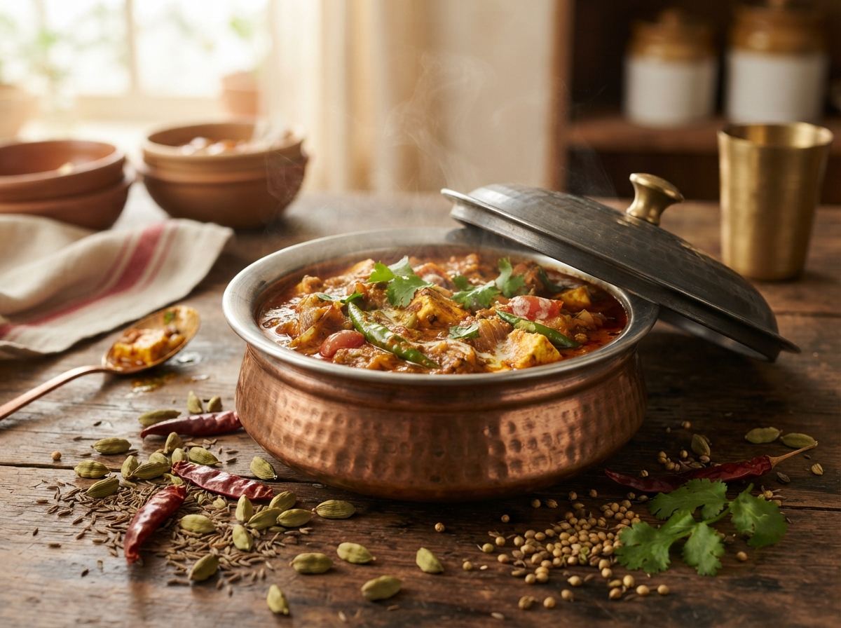 A round copper-bottomed handi with its lid ajar on a fragrant curry and a few cardamom pods.