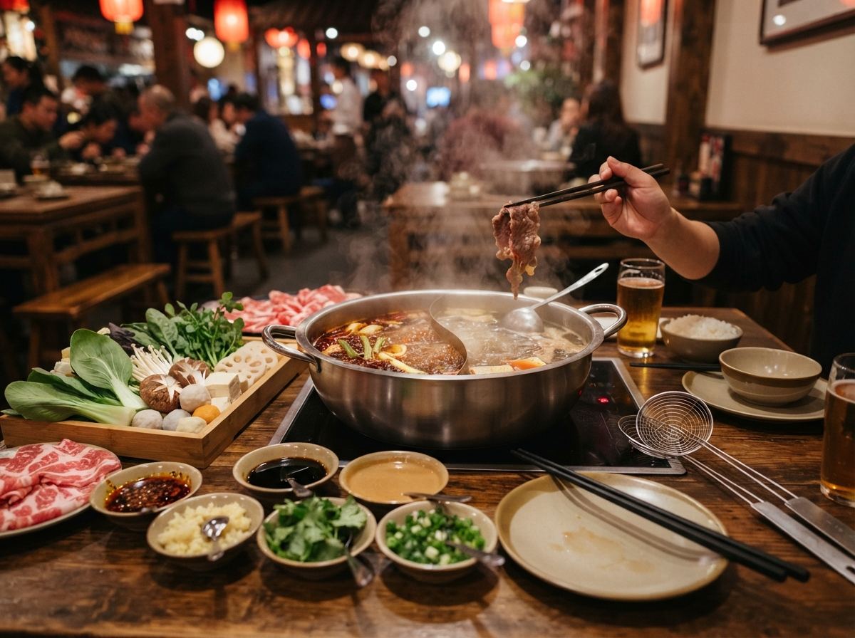 A wide hot pot of simmering broth at a table with plates of sliced meat and greens.
