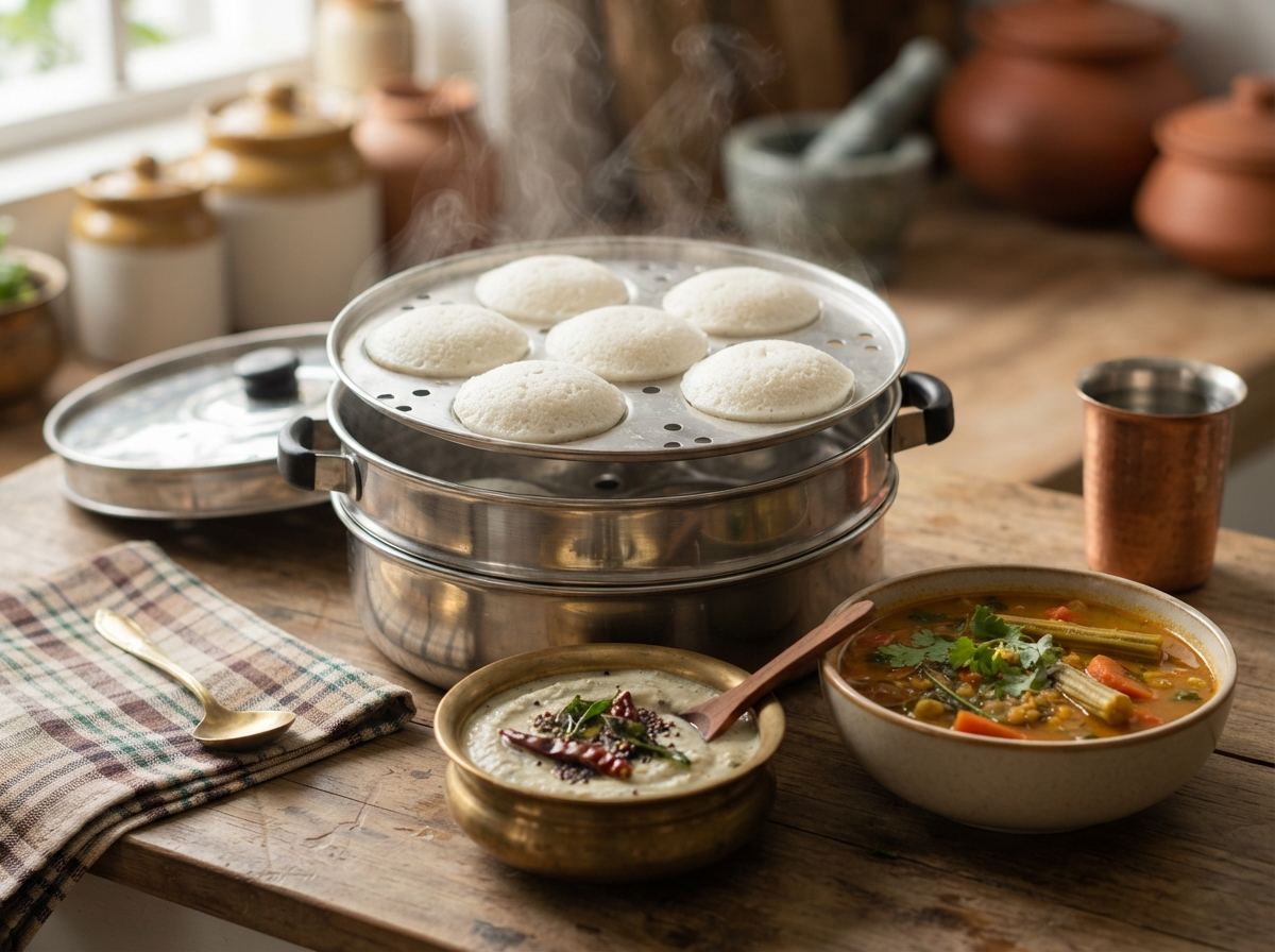A stacked idli steamer with white steamed cakes, coconut chutney, and sambar.