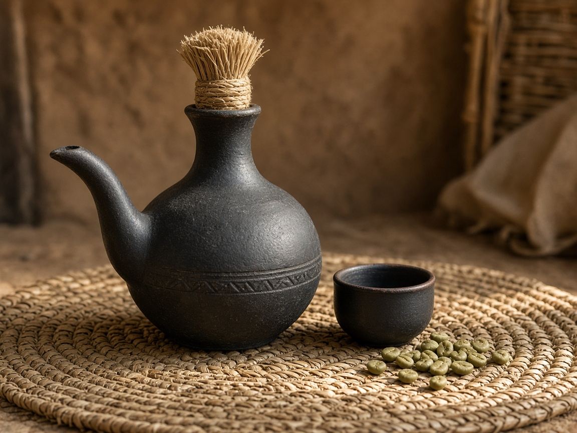 A black clay jebena with a long neck, small handleless cups, and roasted coffee beans.