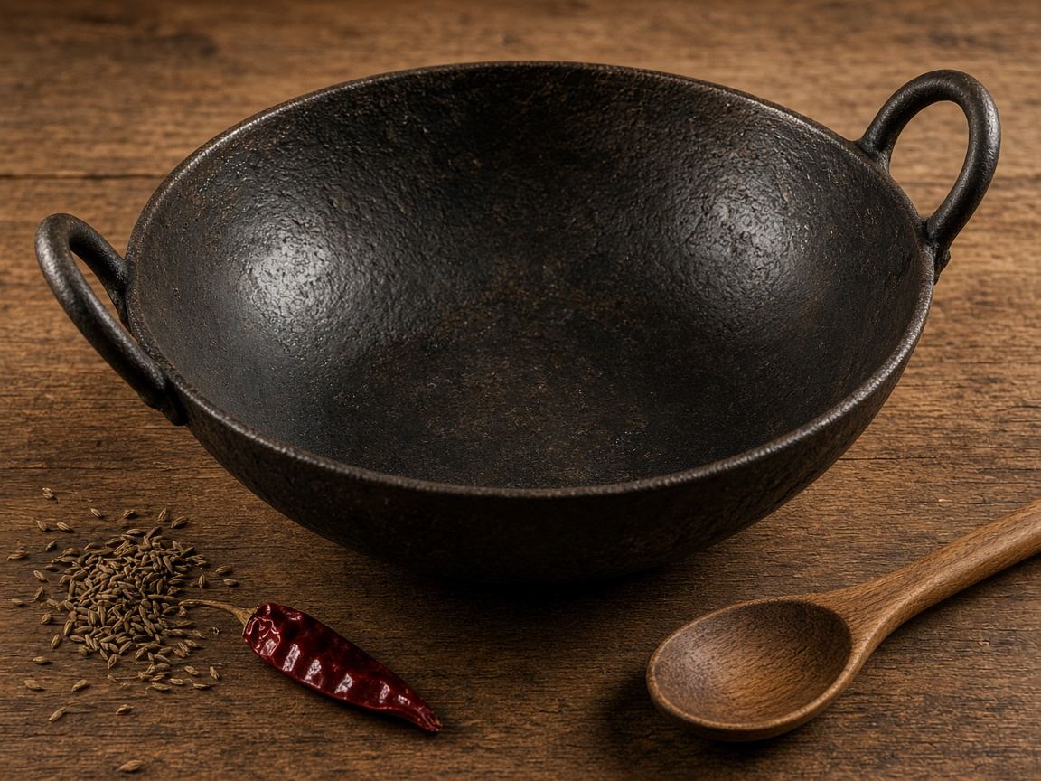 A deep iron karahi with a dry spiced curry, two handles, and a wooden spoon.