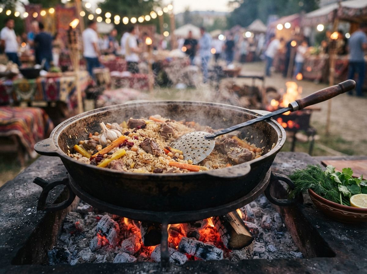 A wide iron kazan of pilaf over coals with a long slotted spoon.