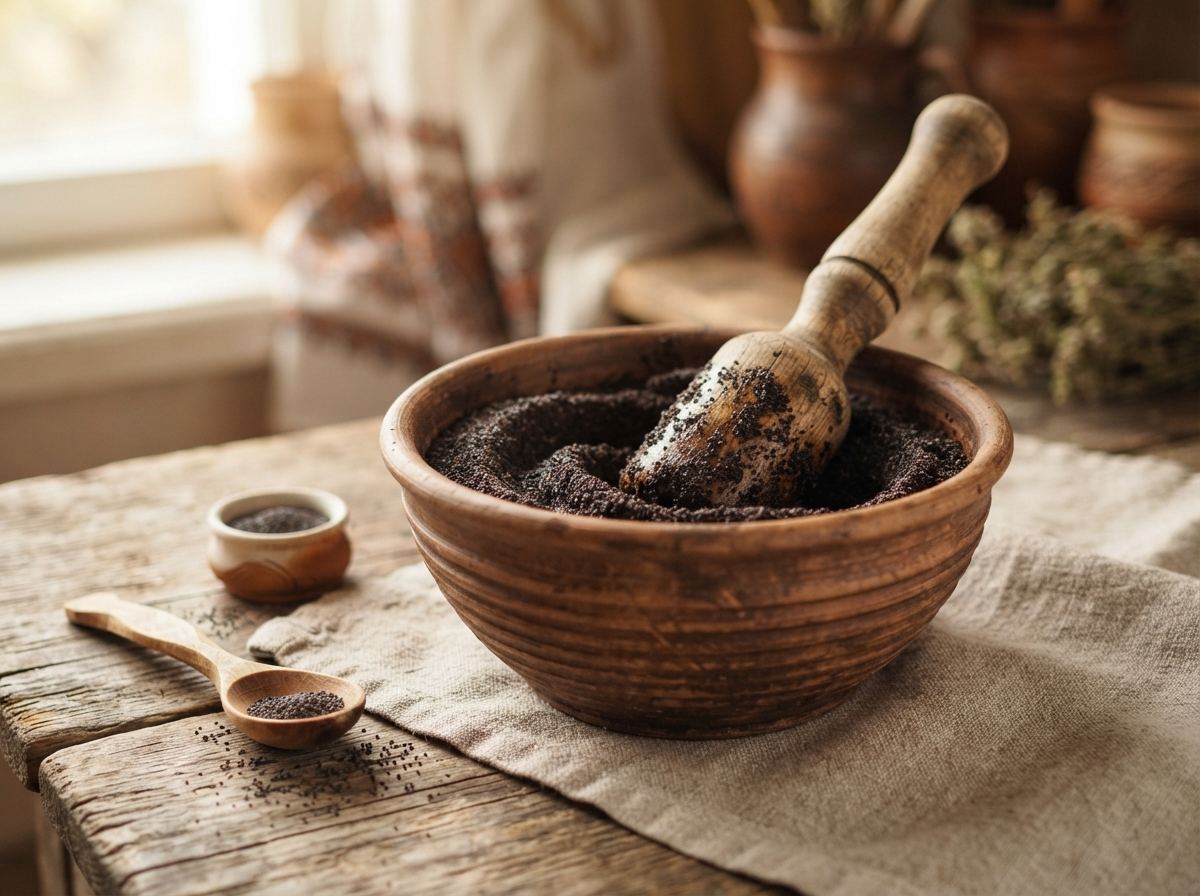 A ridged clay makitra with a wooden masher, poppy seeds, and a linen cloth.