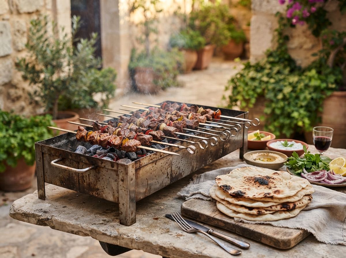 A rectangular mangal of coals with metal skewers of meat and a stack of flatbread.